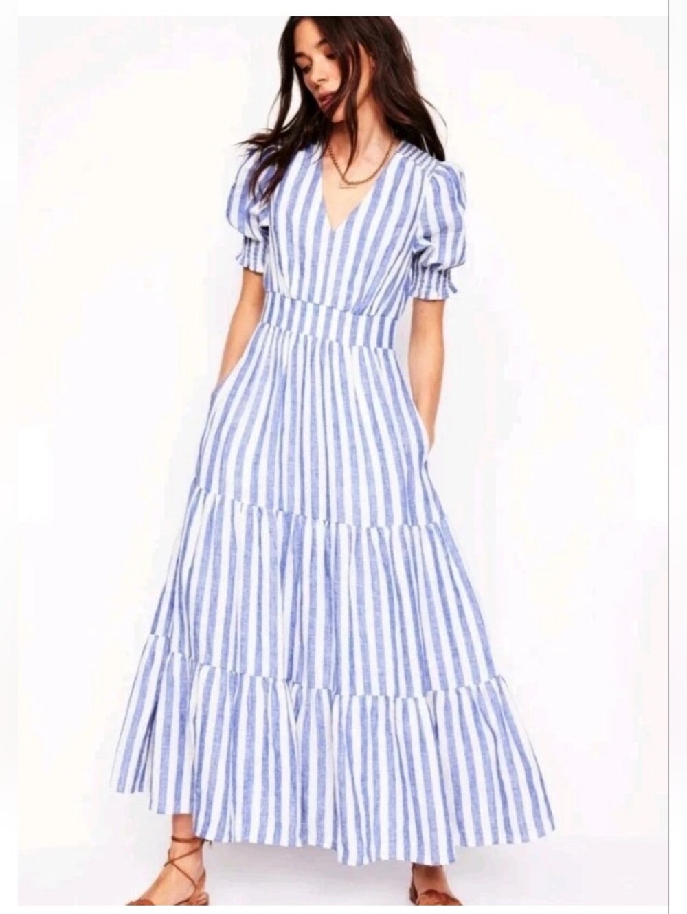Boden Anna Linen Tiered Midi Dress Blue And White Stripe Size 4 P V Neck